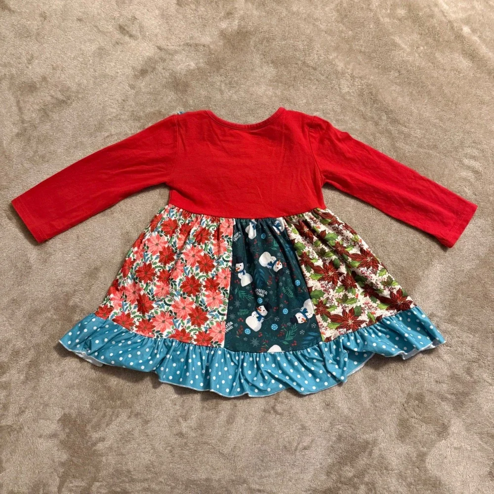 Kids Christmas Patchwork Tunic & Bell Bottom Pants Set Snowman Poinsettia 4T